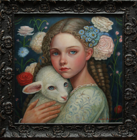 girl in victorian garb holding a white sheep on a floral background in black ornate frame