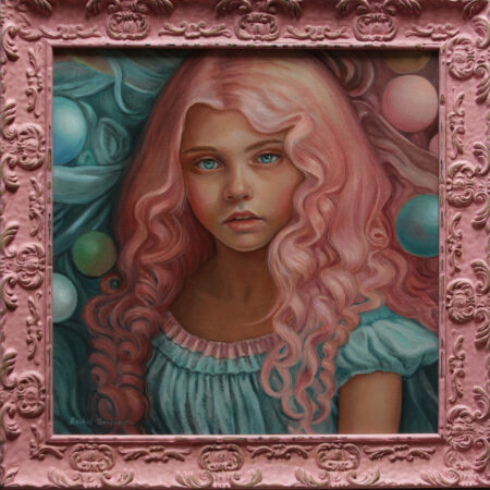 painting of a girl with pink hair on a bubblegum background in pink frame
