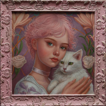 painting of a girl with a pink pixie cut holding a white cat on a floral pastel purple background in pink frame