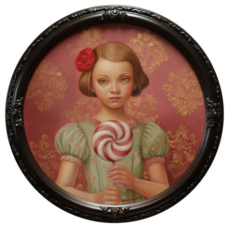 painting of a girl in victorian garb holding a red and white lollipop on a floral wallpaper background in black frame