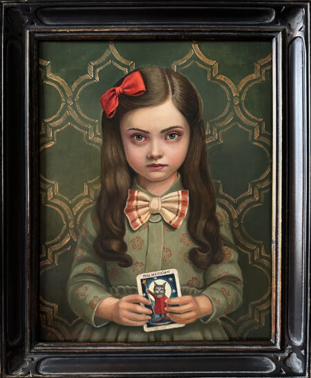 painting of a girl in victorian garb wearing a green dress holding a tarot card on a green background in black frame