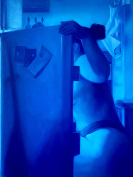 hi chromatic painting mono tone of ultramarine blue by jesse zuo of a nude woman in front of a fridge