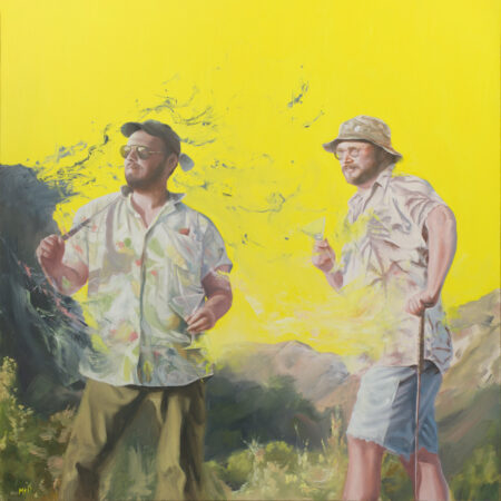 oil painting by matthew t perry of two guys golfing while wearing casual hawaiian shirts, bucket hats and drinking martinis in the hollywood hills with a bright neon yellow sky
