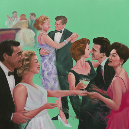 oil painting by matthew t perry of a group of 50s people dancing gayly in formal wear on a turquoise background