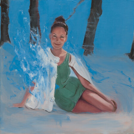 painting of a 50s styled woman sitting down on the ground of a forest that is very deep blue