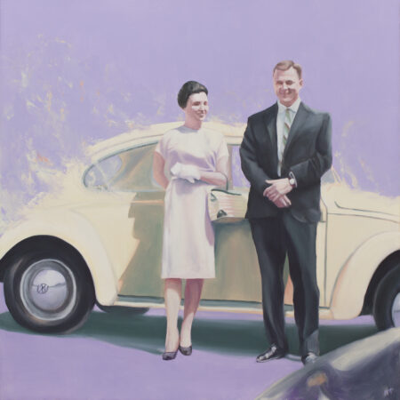 painting of a 50s couple in formal wear standing next to a Volkswagen bug "buggy" on a purple background
