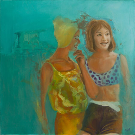 painting by matthew perry of two women with 50s silhouettes in bathing suits fading into a dark turquoise background