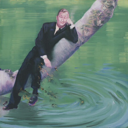 painting by matthew t perry of a man that looks like frank sinatra leaning on a tree over a pond