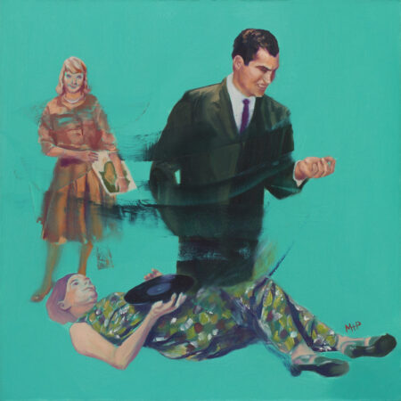 painting by matthew perry of two women with one man who have 50s silhouettes fading into a neon turquoise background. one of the women is laying down holding a vinyl