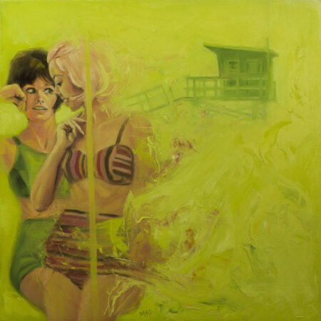 painting by matthew perry of two women with 50s silhouettes in bathing suits fading into a neon chartreuse background that appears to look like santa monica beach
