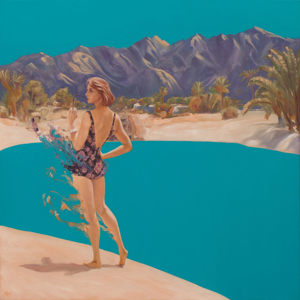 painting by matthew perry of a woman next to a turquoise pool in palm springs wearing a bathing suit. She is based on a 50s silhouette that is fading into the background