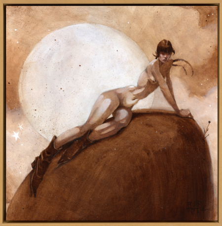 sepia oil painting by ruby roselani roth of a cowgirl in the moonlight she is completely nude except for her boots