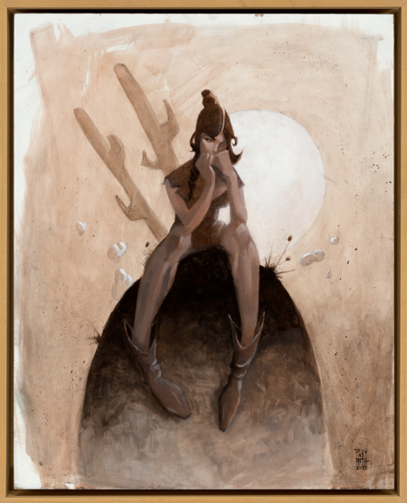 sepia oil painting by ruby roselani roth of a cowgirl in the moonlight with a cactus. she is sitting and contemplating