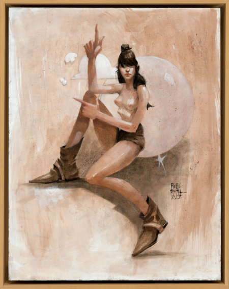 sepia oil painting by ruby roselani roth of a cowgirl in the moonlight she is wearing boots and shorts but is topless. she is waving finger guns