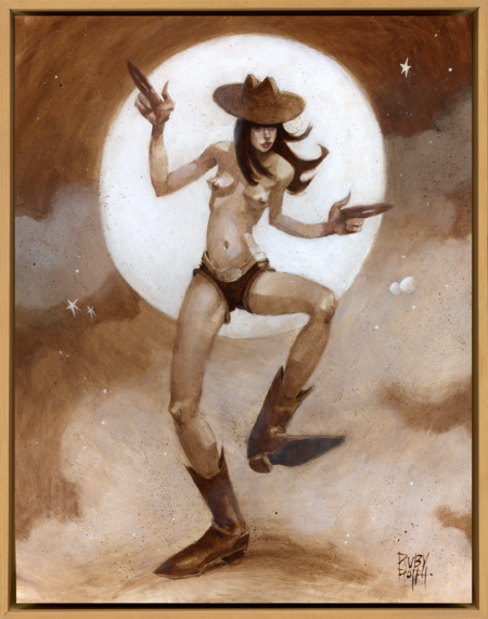sepia oil painting by ruby roselani roth of a cowgirl in the moonlight with a cactus. She is wearing cowboy boots and jean shorts but is topless. She is pointing finger guns