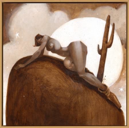 sepia oil painting by ruby roselani roth of a cowgirl in the moonlight with a cactus. she is completely nude except for her cowboy boots