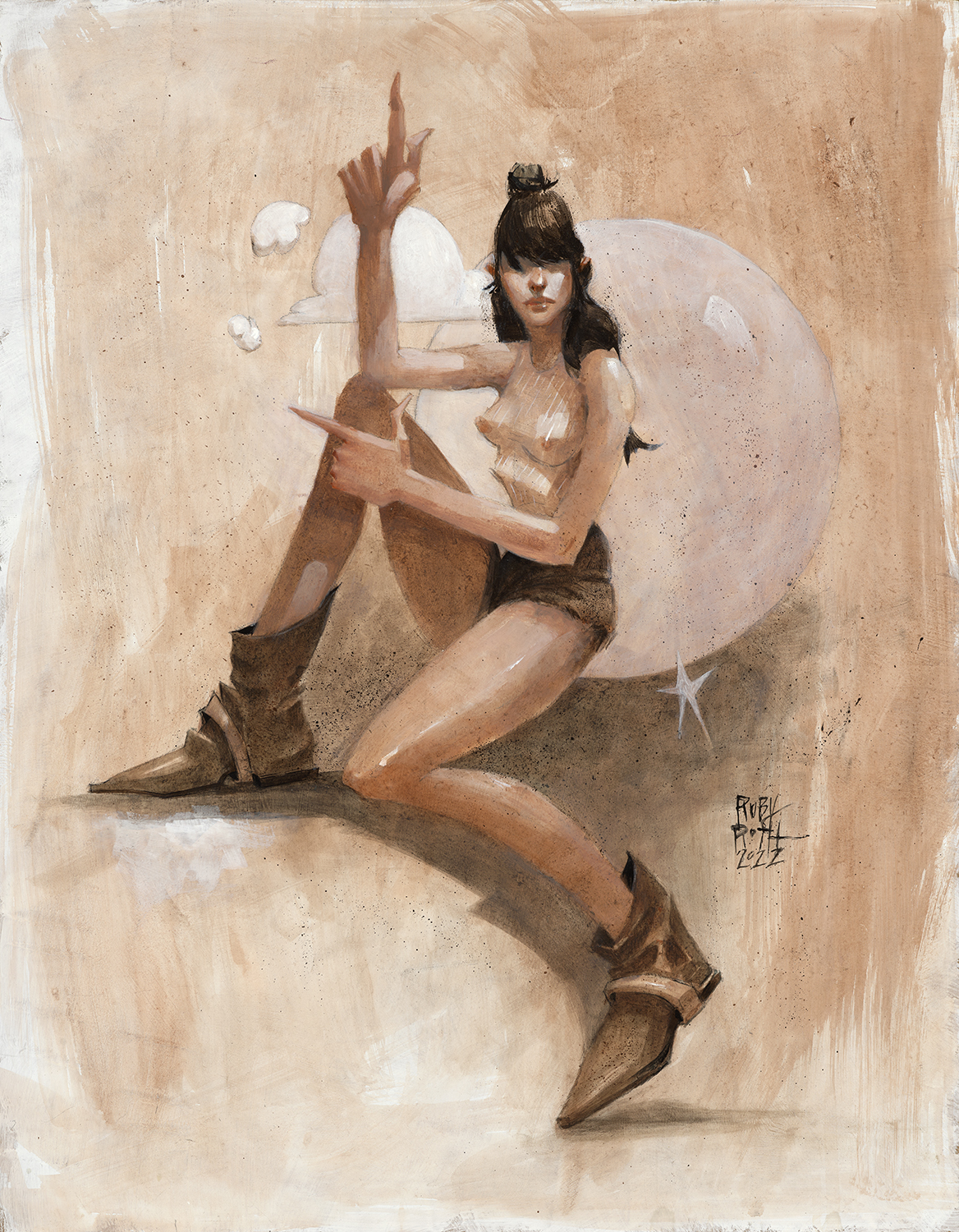 painting by ruby roselani roth of a topless cowgirl on a hill brown and sepia tones