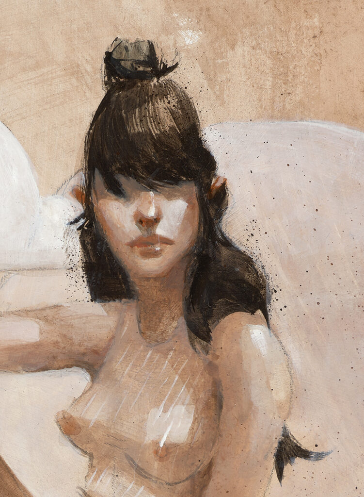close up of a painting by ruby roselani roth of a nude cowgirl