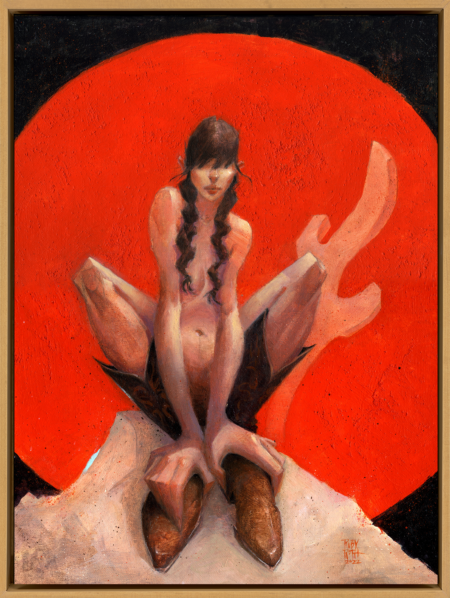 oil painting by ruby roselani roth of a cowgirl in the red moonlight with a cactus. she is completely nude except for her cowboy boots