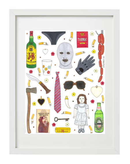 framed artwork of iconic elements/scenes from the horror movie torso including a jb bottle