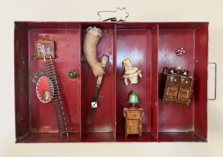 metal drawer with miniature furniture, dice, vintage objects, dollhouse