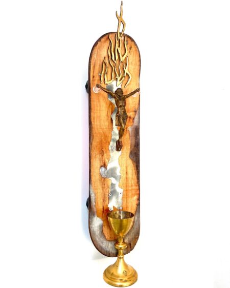 jesus mounted on worn skateboard, gold chalice and flames