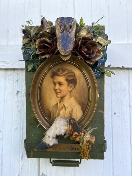 seventh son, illustrated portrait, animal hoof, crocodile head, flowers, green