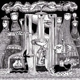 The Exchange by Adeline Lamarre Pen and ink on paper, Framed, 7.25 x 7.25 inches
